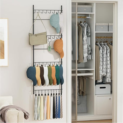 HapiRm Over the Door Hat Organizer - 4 Tier Wall Mounted Hat Rack with 24 Hooks and 10 Movable Clips, Hanging Baseball Cap Organizer Storage Holds to 34 Caps for Door, Bedroom, Closet