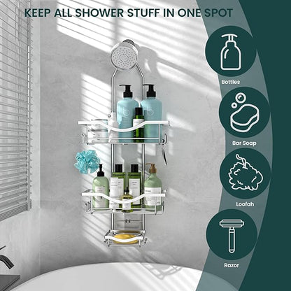 Shower Caddy Hanging Adjustable Shower Caddy, Rustproof Shower Organizer Extended Length Showers Caddy Over Shower Head with Hooks Soap Holder, Large Capacity Anti-Swing Bathroom Organizer, Silver
