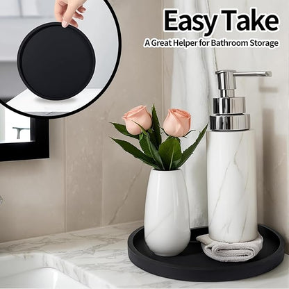Silicone Bathroom Tray, 9" Round Black Vanity Organizer – Decorative Countertop Tray for Soap, Candle, Perfume, Kitchen & Coffee Table
