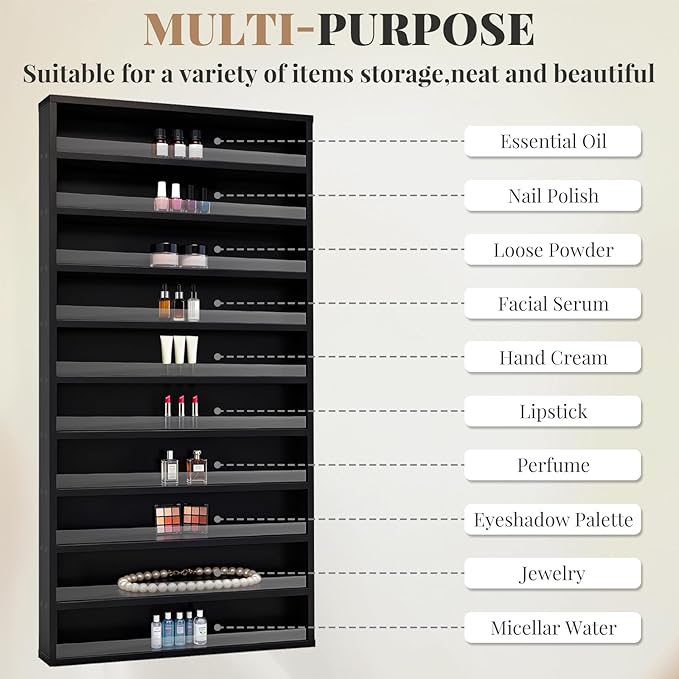 10-Tier Nail Polish Rack,Wall Mount Nail Polish Organizer w/Acrylic Baffle, 42*12 inch Salon Display Shelf for Home Spa & Nail Studio,Perfect for Lipstick,Perfume,Holds 120 Bottles(Black, L)