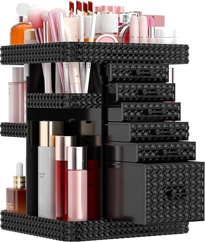 Rotating Makeup Organizer with 6 Drawers[New Updated], Multifunctional Cosmetics Organizer for Vanity Countertop, Square Jewelry Storage, Skincare Organizer for Makeup Holder (Plus Size-Black)