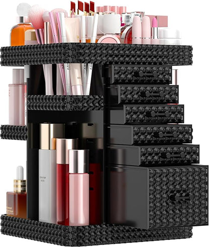 Rotating Makeup Organizer with 6 Drawers[New Updated], Multifunctional Cosmetics Organizer for Vanity Countertop, Square Jewelry Storage, Skincare Organizer for Makeup Holder (Plus Size-Black)