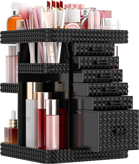 Rotating Makeup Organizer with 6 Drawers[New Updated], Multifunctional Cosmetics Organizer for Vanity Countertop, Square Jewelry Storage, Skincare Organizer for Makeup Holder (Plus Size-Black)