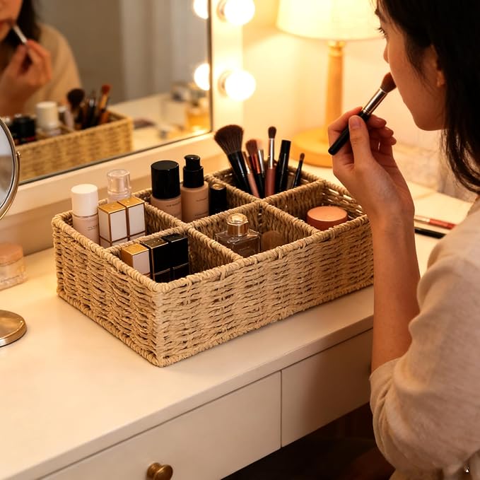 Makeup Organizer, Hand-woven Wicker Basket for Dresser and Bathroom Countertop Organizer, 6 Compartments Makeup Brush Holder Skincare Organizer, Cosmetic Storage for Lipstick Eyeshadow Palette