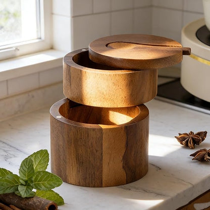 Acacia Wood Salt Cellar, 2-Layer Wooden Seasoning Box with Spoon and with Strong Attachment Force Swivel Lid, 4.1x3.5x3.5 in Kitchen Spice Container Organizer, Brown