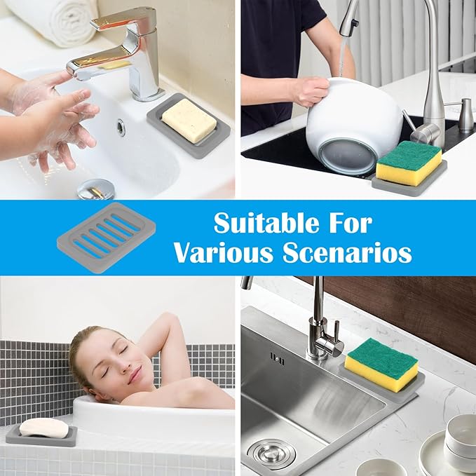 Topsky 2Pcs Soap Dish Holder, Non-Slip Bathroom Accessories Silicone Soap Case Saver, Sink Deck Bathtub Shower Dish Soap Drainer, Silicone Holder for Soap, Sponges, Scrubber (Grey-2pcs)