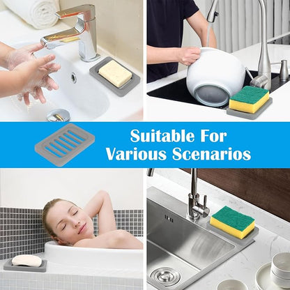 Topsky 2Pcs Soap Dish Holder, Non-Slip Bathroom Accessories Silicone Soap Case Saver, Sink Deck Bathtub Shower Dish Soap Drainer, Silicone Holder for Soap, Sponges, Scrubber (Grey-2pcs)