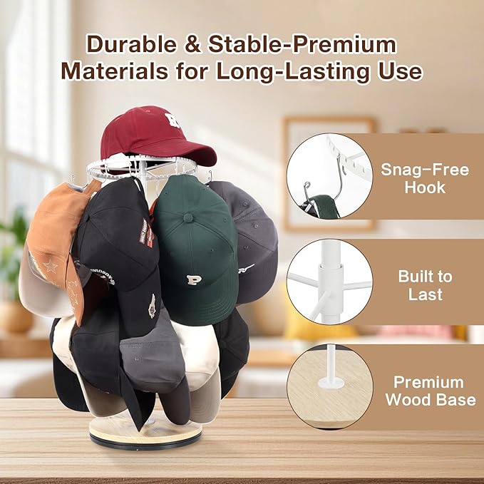Keebofly Rotating Free Standing Hat Rack & Organizer Stand, 3-Tier Merchandise Display & Tabletop Baseball Cap Organizer Holds 40+ Caps, Portable for Vendor & Home Use in Bedroom, Closet, Entryway