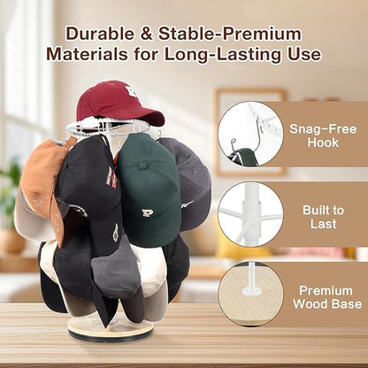 Keebofly Rotating Free Standing Hat Rack & Organizer Stand, 3-Tier Merchandise Display & Tabletop Baseball Cap Organizer Holds 40+ Caps, Portable for Vendor & Home Use in Bedroom, Closet, Entryway