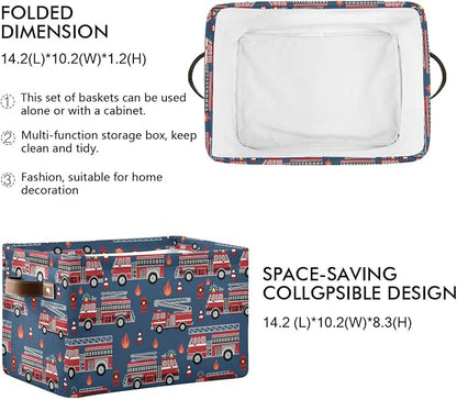 Fire Trucks Large Storage Basket Cube Storage Bin Canvas Fabric Organizer Handles Collapsible Decorative for Clothes Toys Bedroom