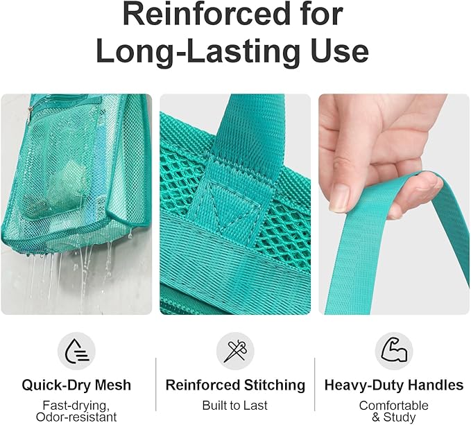 F-color Mesh Shower Caddy Portable Hanging - 3 Pockets Small Shower Bag Tote for Camping, Gym, Travel, Toiletry, Quick Dry Bathroom Essentials with S Hook, Mint Green