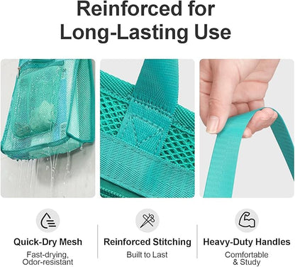 F-color Mesh Shower Caddy Portable Hanging - 3 Pockets Small Shower Bag Tote for Camping, Gym, Travel, Toiletry, Quick Dry Bathroom Essentials with S Hook, Mint Green
