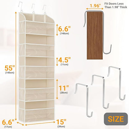 5 Layers Over The Door Organizer with Clear Window, 10 Mesh Side Pockets and 3 Hooks, 1 Pack Large Pockets Heavy Duty Hanging Storage for Bedroom/Bathroom/Pantry/Nursery (Beige-1)