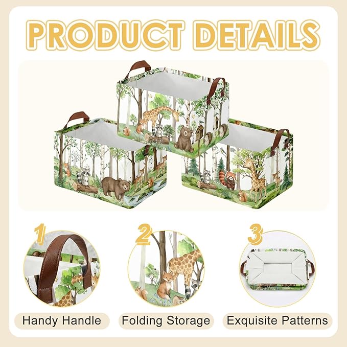 3 Pack Woodland Storage Baskets for Gifts Safari Animal Empty Large Collapsible Toy Storage Bins Box Woodland Canvas Baskets Organizer with Handles Nursery Decor Laundry Basket for Shelves Closet