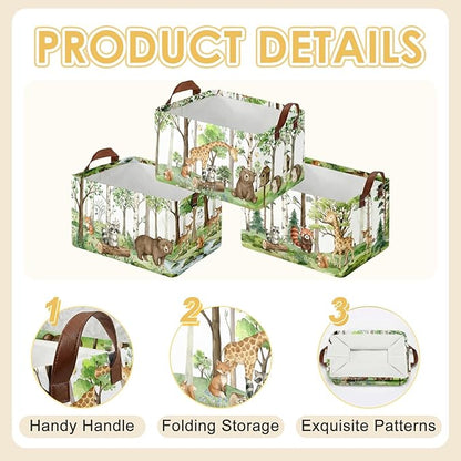3 Pack Woodland Storage Baskets for Gifts Safari Animal Empty Large Collapsible Toy Storage Bins Box Woodland Canvas Baskets Organizer with Handles Nursery Decor Laundry Basket for Shelves Closet