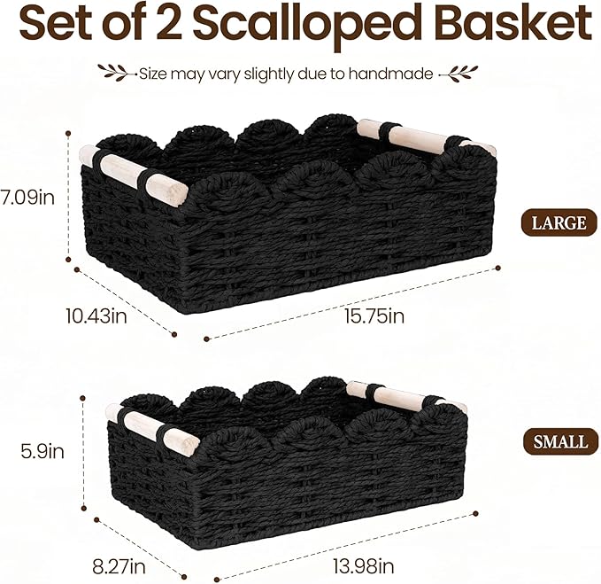 iEGrow Paper Rope Small Storage Baskets for Organizing, Set of 2 Scalloped Edge Wicker Basket with Wooden Handles Toilet Paper Basket for Over Toilet Storage Shelf, Home Decor, Living Room (Black)