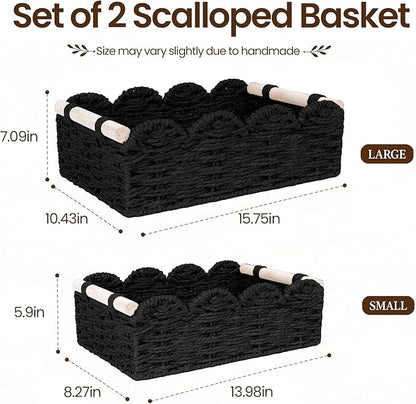 iEGrow Paper Rope Small Storage Baskets for Organizing, Set of 2 Scalloped Edge Wicker Basket with Wooden Handles Toilet Paper Basket for Over Toilet Storage Shelf, Home Decor, Living Room (Black)