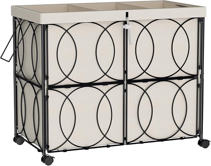 Laundry Hamper with 3 Section, Large 180L Rolling Laundry Basket with Wheels, Metal Heavy Duty Laundry Hamper with Detachable Bags, Dirty Clothes Hamper Organizer for Bedroom, Bathroom(Beige)