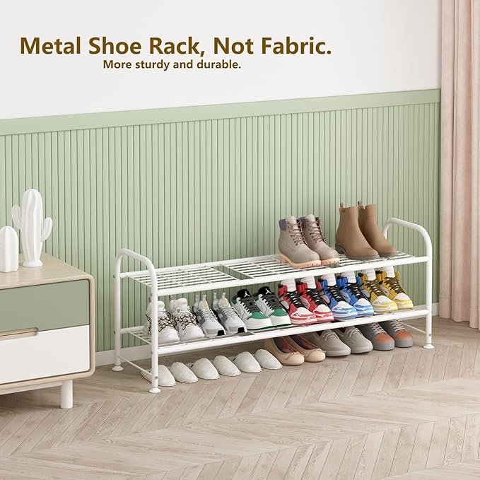 LINZINAR Shoe Rack Long 2 Tier Shoe Storage Organizer Metal Wide Shoe Shelf for Closet Entryway Bedroom 18 Paris Large Capacity, White
