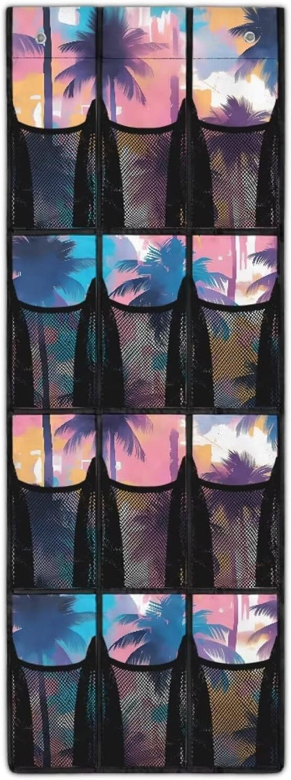 Colorful Coconut Tree Over the Door Shoe Organizer 12 Large Mesh Pockets Foldable Shoe Rack for Door Hanging Shoe Organizer Shoe Holder