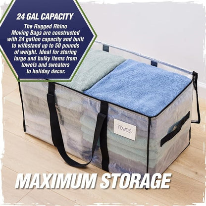 RUGGED RHINO 6 Pack Heavy Duty Extra Large Moving Bags, Durable Bag Strong Handles and Zipper, Moving Boxes Alternative for College Packing, Holiday Décor, Space Saving Storage with Label, Blue/Clear