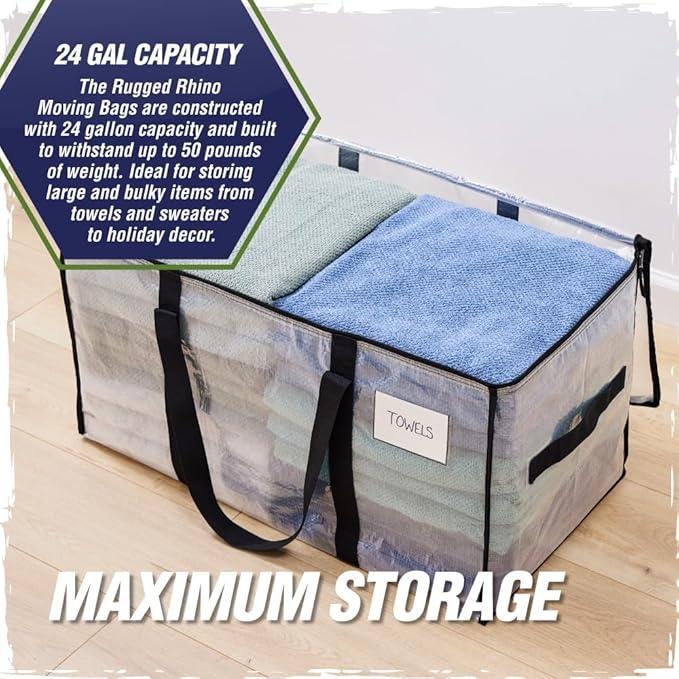 RUGGED RHINO Heavy Duty Extra Large Moving Bags, Durable Bag with Strong Handles and Zipper, Moving Boxes Alternative for College Packing, Holiday Décor, Space Saving Storage with Label, 2 Pack Clear