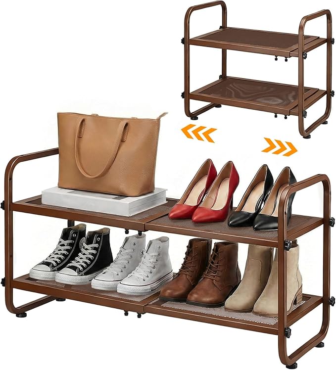 Expandable Shoe Rack for Closet - Shoe Organizer for Entryway, Adjustable Metal Shoe Storage, Stackable Long Shoe Stand Holder for Garage, Hallway, Door Entrance (Brown, 2 Tier)