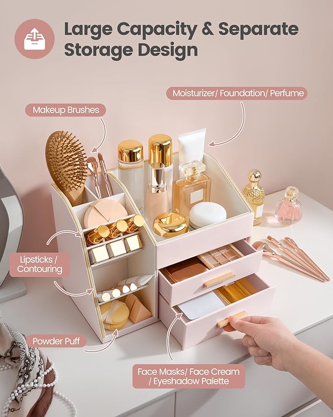 Lolalet Makeup Organizer Countertop with Drawers, Easy to Clean PU Leather Storage Box, 3-Layer Cosmetic Holder for Skincare, Lipstick, Perfume & Brush, Display Case for Vanity Dresser Bathroom -Pink