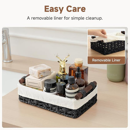 StorageWorks Small Baskets for Organizing with Wooden Handles and Liner, Wicker Toilet Paper Baskets for Back of Toilet Basket, Black Paper Rope Bathroom Basket Organizer and Storage for Decor, 2 Pack
