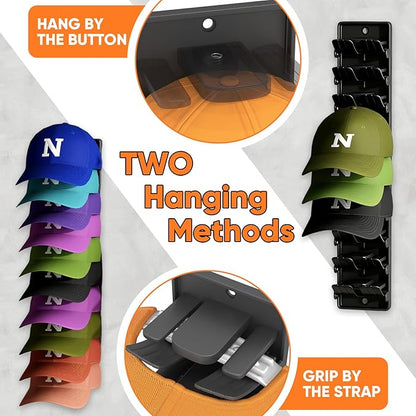 Hat Organizer for Baseball Caps, 2 Pack Wall Mount Hat Rack with Spring Clips, Holds 20 Caps, Black Hat Holder for Closet Door