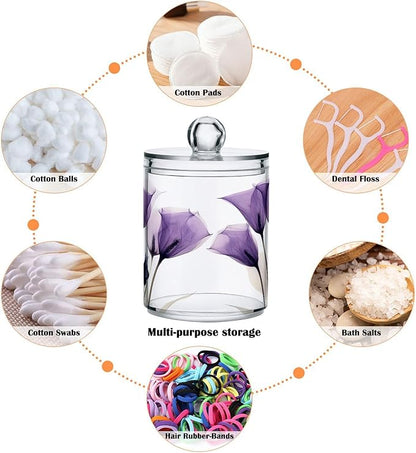 2 Pack Qtip Holder Dispenser for Cotton Ball Purple Tulip Lily Flower Swab Round Pads Clear Plastic Acrylic Jar Set Bathroom Canister
