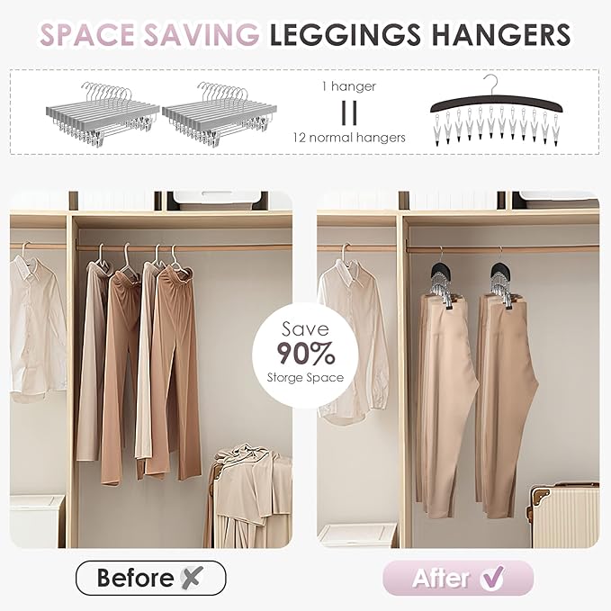 MEILIDY Leggings Hangers, Wooden Closet Hanging Leggings Storage Organizer Scarf Hangers with 24 Clips, 360° Swivel Hook, Black, 2 Pcs