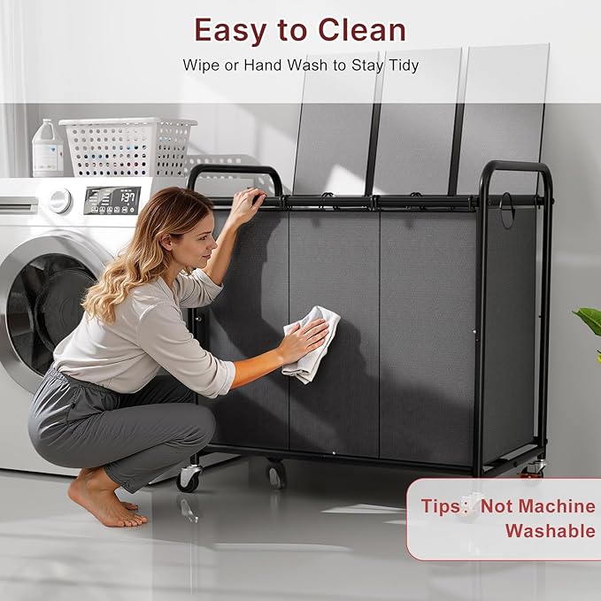 180L Laundry Sorter 3 Section – Heavy Duty Rolling Laundry Basket with Lockable Wheels and Lid, 3 Large Separate Removable Bags, Laundry Hamper Cart for Laundry Room Organizer (Grey)