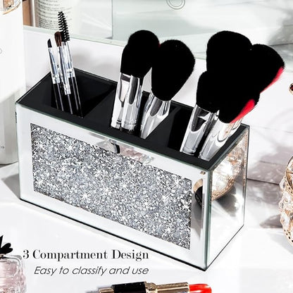 SHYFOY Mirrored Makeup Brush Holder Organizer, 3 Slot Glass Cosmetics Brushes Storage Holders with Crystal Crushed Diamond, Cute Pen and Pencil Holder for Desk, Eyeliners Display Case for Vanity