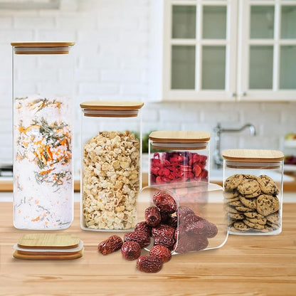 5 Pack Glass Food Storage Jars, Clear Glass Canister Food Jar with Bamboo Wooden Lid Food Storage Container for Sugar, Pasta, Snack, Coffee Beans, Cookies, Nuts, Coffee Beans