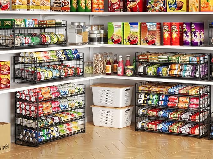 3 Tier Stackable Can Rack Organizer for Pantry Shelf, Adjustable Extra-Long Can Holder for Kitchen Storage, Sturdy Standing Rolling Can Dispenser for Canned Food Goods Drink Soup up to 96, Black