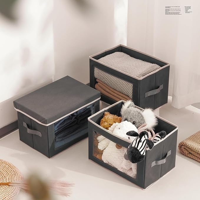 Homsorout Stackable Storage Bins with Lids - Medium Storage Box with Lids, Foldable Closet Boxes for Organizing, Wardrobe Clothes Organizer with Window, Cubes Bins for Living Room, 4 Pack, Dark Grey