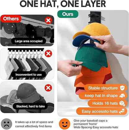 HINIHAO 2 Pack Hat Organizer for Baseball Caps, Hat Rack for Wall with Strong Adhesive, Wall Mounted Hat Hooks Hold up to 16 Hats for Closet Door and Bedroom (Black)