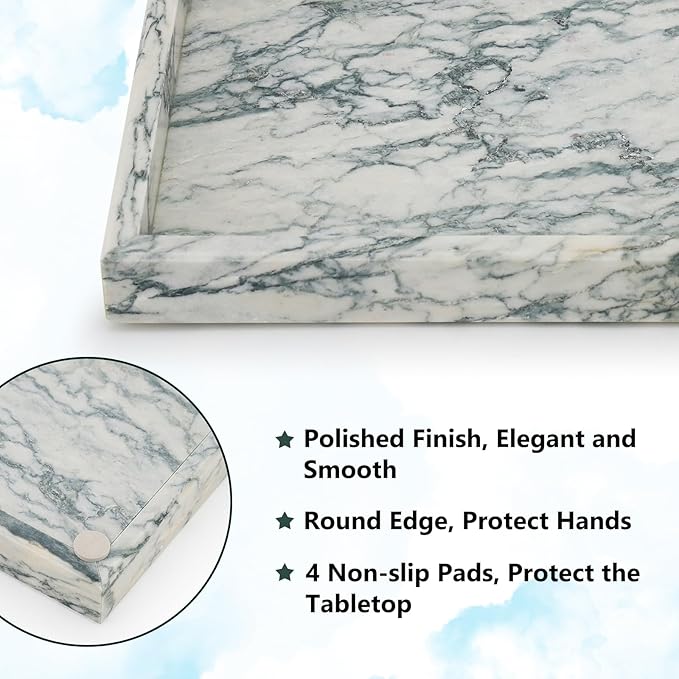 Real Natural Marble Tray for Bathroom, Vanity, Kitchen and Desktop, Rectangle Genuine Marble Stone Tray for Jewelry, Cosmetics, Candles, Lotion, Perfume (Cyan-Green, 12" x 8" x 1.2")