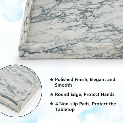 Real Natural Marble Tray for Bathroom, Vanity, Kitchen and Desktop, Rectangle Genuine Marble Stone Tray for Jewelry, Cosmetics, Candles, Lotion, Perfume (Cyan-Green, 12" x 8" x 1.2")