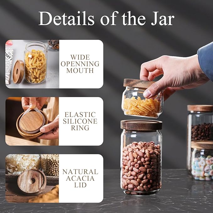 Glass Jars with Airtight Wood Lids - 34 OZ Kitchen Pantry Storage Containers, Decorative Canister for Fusilli, Spaghetti, Pasta, Sugar, Coffee Beans, Cereal, Oats, Candy, Cookie, Tea, Nuts, Set of 2