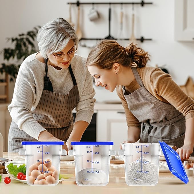 4 pcs 4qt Food Storage Containers with Lid, Square Clear Commercial Food Storage Containers with Handle and Scale for Food Storage in Home Kitchen & Dining (Blue)