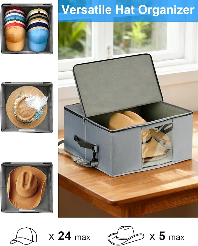 Large Cowboy Hat Storage Box with All Around Hardboard Support, Stackable, Crush-Proof, Dust-Proof Hat Carrying Case for Home & Travel, Rigid Hat Carrier Fits Up to 16" Wide Brim Hats, Grey