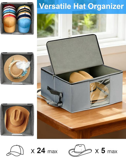 Large Cowboy Hat Storage Box with All Around Hardboard Support, Stackable, Crush-Proof, Dust-Proof Hat Carrying Case for Home & Travel, Rigid Hat Carrier Fits Up to 16" Wide Brim Hats, Grey