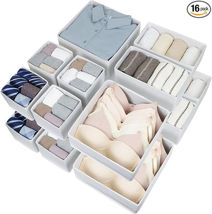 Fordonral 16 Pack Drawer Organizer Clothes, Foldable Fabric Dresser Organizer Closet Organizers and Storage Box for Underwear,Folded Clothes,Baby Clothing,Socks,Bra,Towels,Ties(White)
