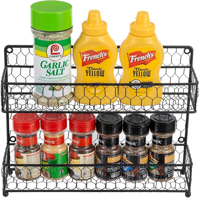 MyGift Spice Rack Wall Mount, Counter 2 Tier Spice Rack, over the Stove Seasoning Jar Storage Organizer, Black Metal Wire, Kitchen Farmhouse Style