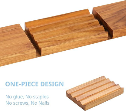 Teak Soap Dish for Shower Pack of 2 by HTB, Wood Decorative Bath Soap Holder Heightened Base Design to Keep Soap Dry in Kitchen, Bathroom, Sink, Bathtub, Wooden Soap Saver for Hand Face Shampoo Bar