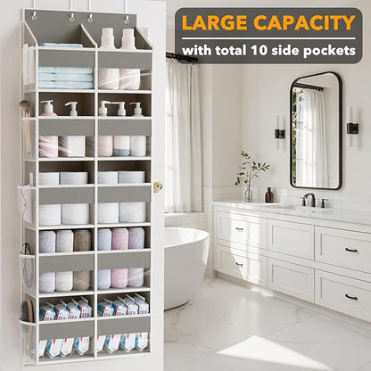 SpaceAid Extra Large Over The Door Organizer with 10 Large Pockets and 10 Mesh Side Pockets, 5 Layers Door Organizer Hanging with Clear Window for Bedroom, Bathroom, Pantry and Nursery, Gray