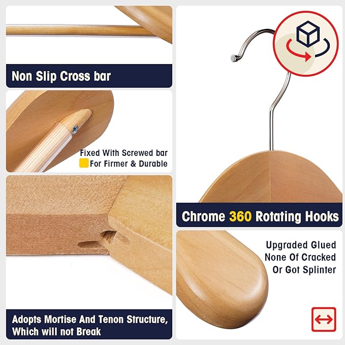 Wooden Suit Hangers 10 Pack - Heavy Duty Wide Shoulder Hangers With Non Slip Pants Holder for Men, Women, Coats, Jackets (Natural)