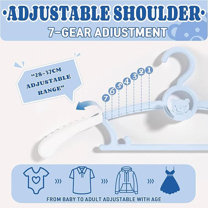 HGYZE Kids Hangers 11"-14" Adjustable Plastic Baby Boy Hangers 20 Pack, Toddler Bear Hanger for Children's Clothes Sweaters, Infant Hangar for Closet with Non-Slip Shoulder Grooves & Pants Bar, Blue